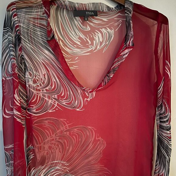 Tysa 100% silk long sleeve Red blouse, 0, XS flutter cuff, deep‎ V open neckline - Picture 8 of 8